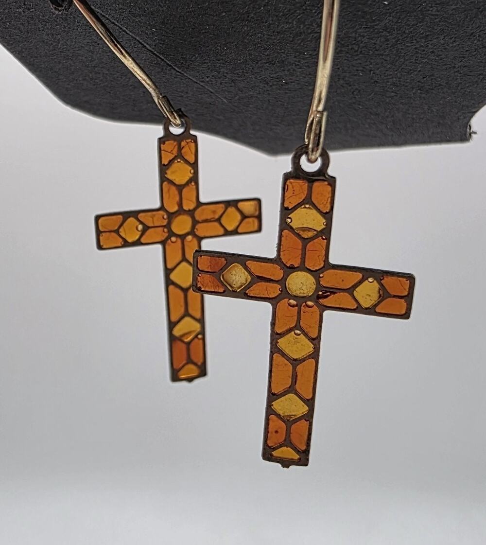 Vintage Mosaic Cross Dangle Hook Earrings Orange Yellow Enamel Boho Religious